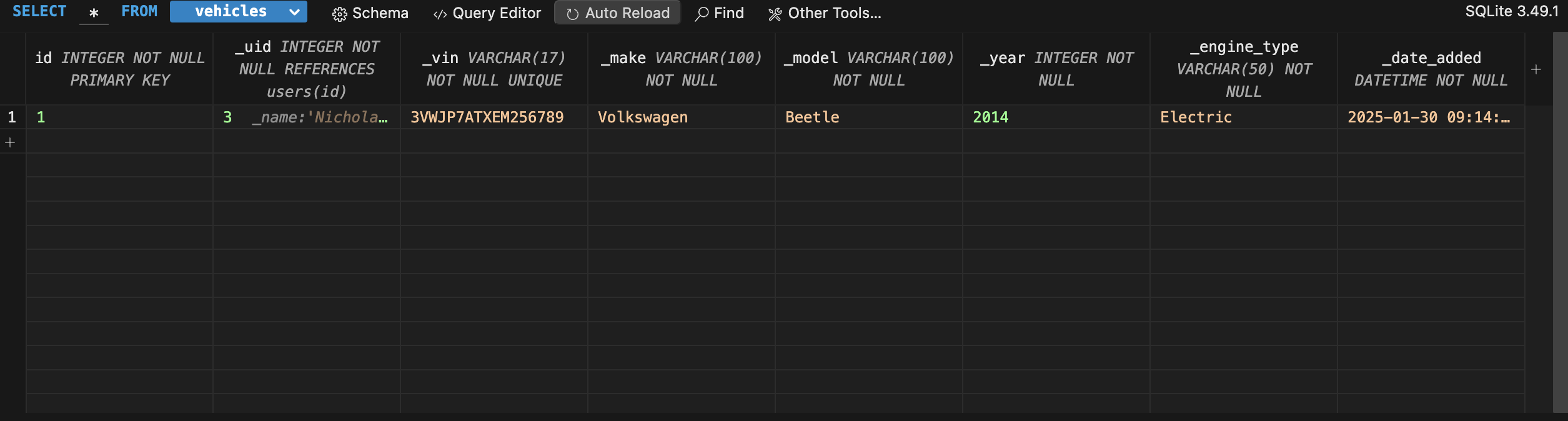 pic of vehicles table in DB